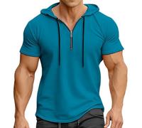 Camicie da golf da uomo con cerniera a un quarto a maniche corte con cappuccio, maglietta leggera da atletica estiva, Blu, 3XL