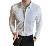 Camicie da Lavoro da Uomo - Camicia Classica da Uomo A Maniche Lunghe Tinta Unita Camicia Abbottonata in Cotone Moda Slim Fit Camicia Sociale Monopetto Casual Cardigan da Sposa Top,Bianca,S