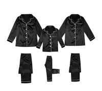 Camicie da notte da bambina in raso di seta con bottoni, set pigiama solido in due pezzi, biancheria da notte per famiglie, loungewear, a maniche lunghe, in seta, Nero , 3XL
