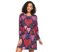 Camicie da notte da donna a maniche lunghe, comodo vestito da notte a girocollo, camicie da notte da donna, colore rosso rosa cuori dipinti nero, Rosso Rosa Colori Cuori Dipinti Nero, XXL