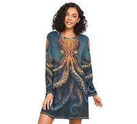 Camicie da notte da donna, a maniche lunghe, da donna, abito largo per la casa, per l'autunno, vita marina arrabbiata, Angry Marine Life, 3XL