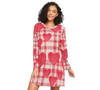 Camicie da notte da donna, abito da notte da donna, camicie da notte a maniche lunghe per donna, cuori a scacchi rossi bianchi, Cuori a scacchi bianchi rossi, XXL
