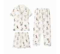 Camicie da notte da donna, confezione da 3 pezzi, in cotone, con bottoni, pantaloncini in cotone, camicia a maniche corte con tasca e colletto stampato, gamba dritta, pantaloni a lunghezza intera