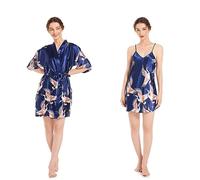 Camicie da Notte Donna Pigiama Vestaglia Pigiami Due Pezzi V Elegante Vestaglia Corta in Raso +Camicia da Notte per Matrimonio Sposa Damigelle d'Onore (Color : Blue, Size : M)