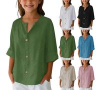 Camicie da ragazza in cotone e lino a maniche lunghe con scollo a V camicetta estiva per bambini con bottoni semplici camicia leggera traspirante sciolto casual top elegante maglietta tinta unita