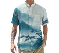 Camicie da spiaggia da uomo | Camicia da spiaggia casual a maniche corte con paesaggio naturale, top estivo con tasca, Ombre di pino inchiostro blu, S
