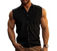 Camicie da spiaggia da uomo senza maniche, con bottoni, casual, estive, leggere, eleganti, alla moda, con colletto, Nero , M