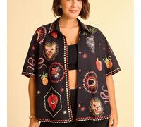 Camicie da spiaggia estive nere di taglia grande per le donne, casual da vacanza, con stampe boeme tropicali, foglie di Monstera, occhio del diavolo, serpente e uccelli 0XL,1XL,2XL,3XL,4XL,5XLTessuto