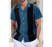 Camicie da uomo a maniche corte, a blocchi di colore, per la spiaggia, casual, con bottoni, Blu e nero., S