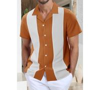 Camicie da uomo a maniche corte, a blocchi di colore, per la spiaggia, casual, con bottoni, Marrone e bianco., S