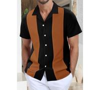 Camicie da uomo a maniche corte, a blocchi di colore, per la spiaggia, casual, con bottoni, Nero e marrone., S