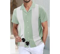Camicie da uomo a maniche corte, a blocchi di colore, per la spiaggia, casual, con bottoni, Verde chiaro, XX-Large
