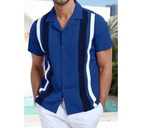 Camicie da uomo a maniche corte, a blocchi di colore, per la spiaggia, casual, con bottoni, Z-blu, 3XL