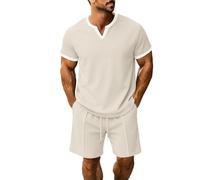 Camicie da uomo a maniche corte a nido d'ape con scollo a V diviso in due, vestibilità comoda, traspirante, casual, per palestra, allenamento, bodybuilding, vacanze estive, uso quotidiano, cachi, L