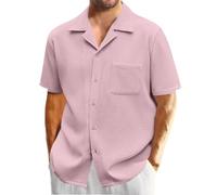Camicie da uomo a maniche corte a nido d'ape testurizzate camicia business blosues t-shirt tasca cubana guayabera button down top, Rosa, 4XL