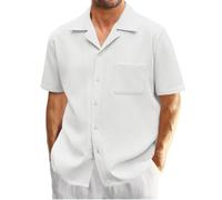 Camicie da uomo a maniche corte a nido d'ape testurizzate camicia business blosues t-shirt tasca cubana guayabera button down top, Bianco, XXL