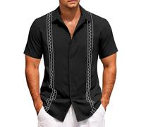 Camicie da uomo a maniche corte casual con bottoni camicia estiva per le vacanze estive t-shirt guayabera cubana top magliette leggere, Nero, 5XL