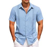 Camicie da uomo a maniche corte casual con bottoni camicia estiva per le vacanze estive t-shirt guayabera cubana top magliette leggere, Blu Chiaro, S