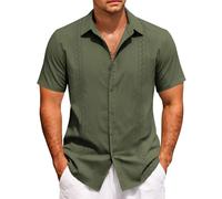 Camicie da uomo a maniche corte casual con bottoni camicia estiva per le vacanze estive t-shirt guayabera cubana top magliette leggere, Verde militare, L