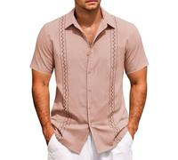 Camicie da uomo a maniche corte casual con bottoni Camicia estiva per le vacanze T-shirt Cubana Guayabera Tops Magliette leggere, rosa, S