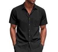 Camicie da uomo a maniche corte con bottoni Soild Color Camp T-Shirt con tasca Casual Summer Top T-shirt leggera, Nero, XXL