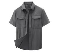 Camicie da uomo a maniche corte con risvolto, alla moda, casual, top estivo con bottoni, camicia tinta unita Dwon, taglie forti, comode camicie con tasche, grigio, XXL