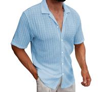 Camicie da uomo a maniche corte scava fuori camicia button down risvolto t-shirt cubana guayabera tees estate casual solido top, Blu, XL