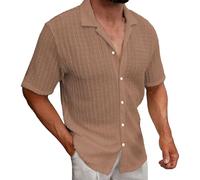 Camicie da uomo a maniche corte scava fuori camicia button down risvolto t-shirt cubana guayabera tees estate casual solido top, cachi, XL