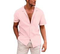 Camicie da uomo a maniche corte testurizzate camicia cubana guayabera t-shirt estiva abbottonata top maglietta casual con colletto camicetta, Rosa, S