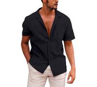 Camicie da uomo a maniche corte testurizzate camicia cubana guayabera t-shirt estiva abbottonata top maglietta casual con colletto camicetta, Nero, XXL