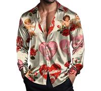 Camicie da uomo a maniche lunghe Camicie casual per San Valentino Camicetta con bottoni Camicia da uomo Camicia da uomo con stampa grafica a cuore alla moda Vestibilità rilassata Colletto rovesciato