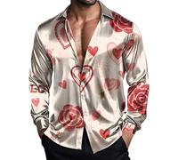 Camicie da uomo a maniche lunghe Camicie casual per San Valentino Camicetta con bottoni Camicia da uomo Camicia da uomo con stampa grafica a cuore alla moda Vestibilità rilassata Colletto rovesciato