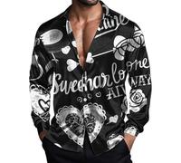 Camicie da uomo a maniche lunghe Camicie casual per San Valentino Camicetta con bottoni Camicia da uomo Camicia da uomo con stampa grafica a cuore alla moda Vestibilità rilassata Colletto rovesciato