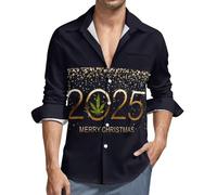 Camicie da uomo a maniche lunghe con bottoni - 2025 e Merry Christmas con scollo a V, camicia casual con bottoni da uomo con tasca, nero, M