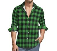 Camicie da uomo a maniche lunghe, con bottoni, a quadretti verdi a quadretti, casual, alla moda, con scollo a V, da uomo, Stile-16, L