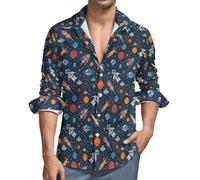Camicie da uomo a maniche lunghe con bottoni - Astronavi e stelle nello spazio esterno Scollo a V Camicia casual con bottoni da uomo con tasca, Nero, XXL