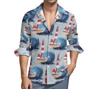 Camicie da uomo a maniche lunghe con bottoni - Beacon in The Enormi Waves of The Surf Scollo a V Camicia casual con bottoni da uomo con tasca, Nero, S