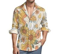 Camicie da uomo a maniche lunghe con bottoni camicia casual con scollo a V, motivo a funghi e fiori hippy, top moda da uomo, Style-42, L