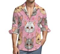 Camicie da uomo a maniche lunghe, con bottoni, con simpatico volto di gatto, rosa, casual, alla moda, con scollo a V, da uomo, Stile-40, L