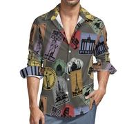 Camicie da uomo a maniche lunghe, con bottoni, motivo mondi di francobolli, casual, alla moda, con scollo a V, top, Stile-16, L