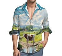 Camicie da uomo a maniche lunghe, con bottoni, stile countryside, fattoria, mucca, casual, alla moda, con scollo a V, top da uomo, Stile-2, XL