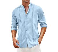 Camicie da uomo a maniche lunghe in cotone e canapa, da spiaggia, top non stirato, casual, a righe, colletto rialzato, camicia con bottoni, vestibilità regolare, tinta unita, traspirante, estivo