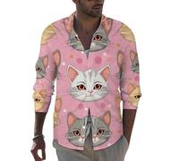 Camicie da uomo a maniche lunghe - Simpatico volto di gatto del fumetto rosa slim fit camicia abbottonata da uomo abbigliamento casual, Stile-40, L
