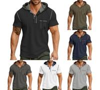 Camicie da uomo con cappuccio a maniche corte con bottone e collo a bottone con cappuccio da palestra Slim Fit Sport Top patchwork felpe colorate pullover da allenamento pullover leggero da boxe ad