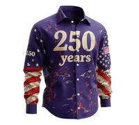Camicie da uomo con colletto standard stampato con bandiera da 250 anni a maniche lunghe retrò invecchiato casual top regolare vestibilità dritta morbida camicie traspiranti tropicale abbottonatura