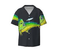 Camicie da uomo con stampa di pesci verdi camicie casual a maniche corte camicia con bottoni per uomo camicia da sposa estiva da spiaggia, Nero , L