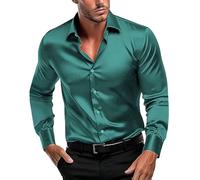 Camicie da uomo elasticizzate in seta tinta unita, slim fit, camicia casual da lavoro, slim fit, a maniche lunghe, camicia formale con bottoni, top da lavoro senza pieghe, non si stira, abito da festa