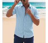 Camicie da uomo in cotone e lino a maniche corte, casual, leggere, con bottoni, per le vacanze, la spiaggia, l'estate, le feste, i matrimoni, Azzurro chiaro, 3XL