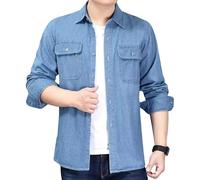 Camicie da uomo in denim con risvolto sciolto in cotone da lavoro vestibilità regolare camicia con tasche in jeans a maniche lunghe in denim leggero, Azzurro, XXL