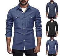 Camicie da uomo in denim, con tasca, a maniche lunghe, con bottoni, stile vintage, slim fit, alla moda, per le vacanze, Z01-Nero, S